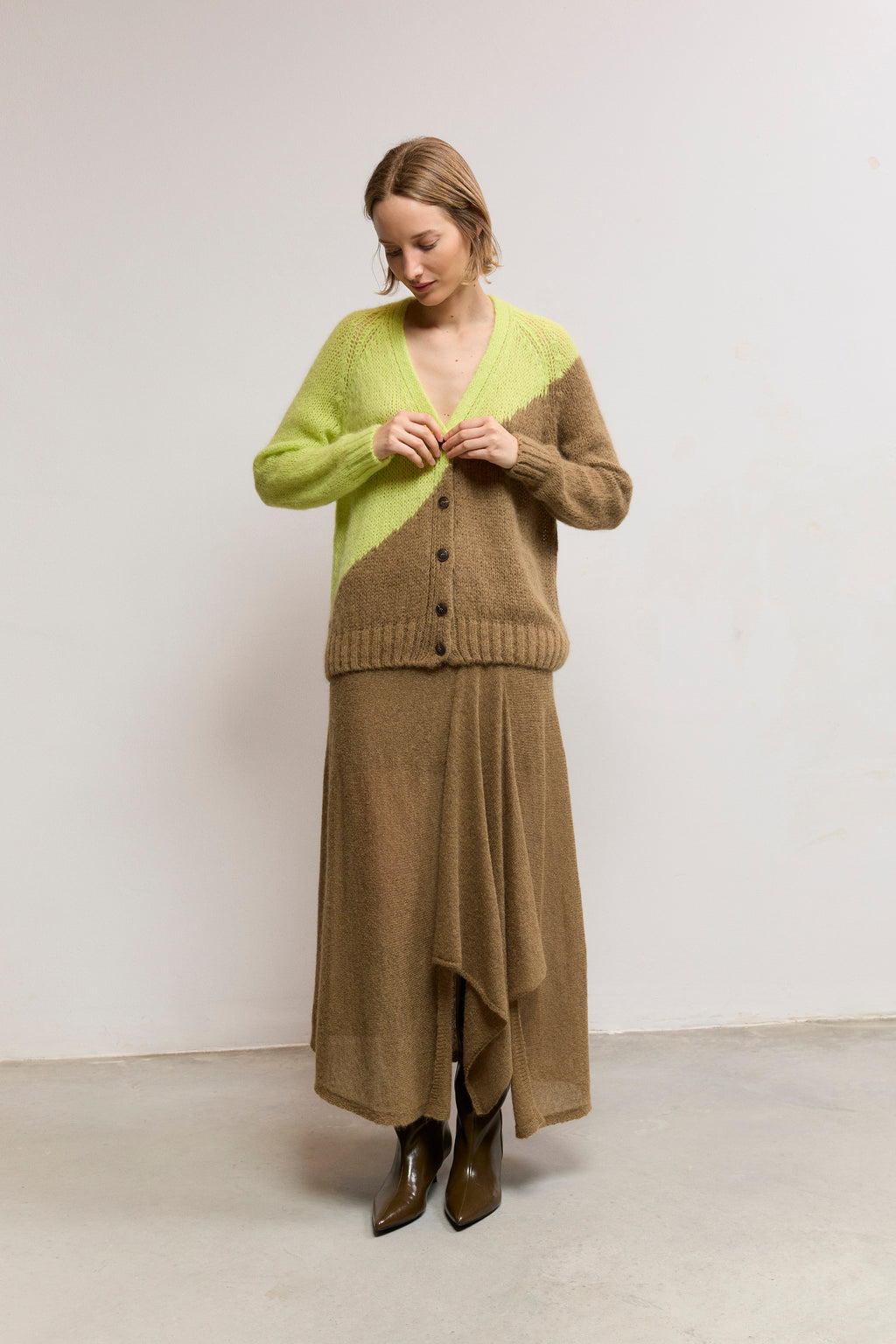 Two-Tone Intarsia V-Neck Cardigan