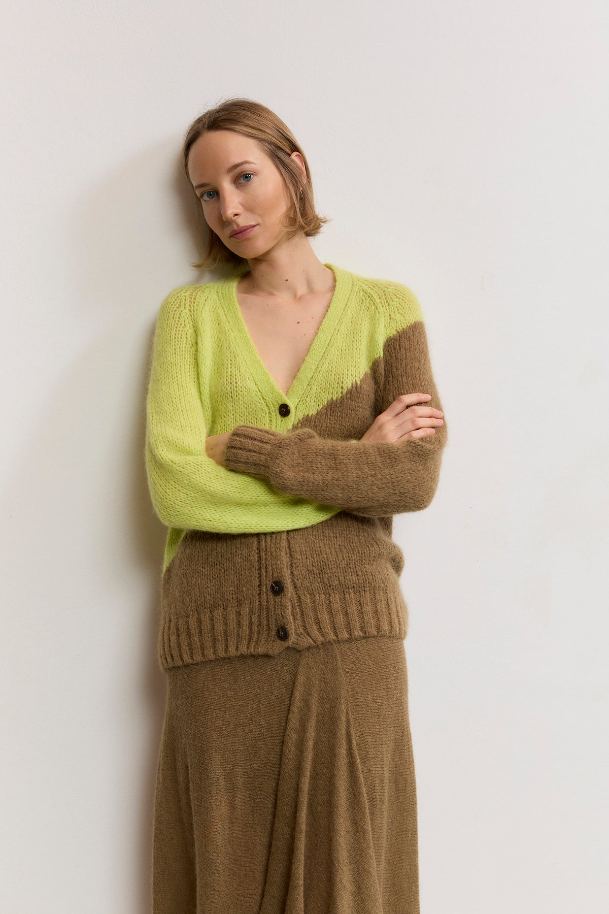 Two-Tone Intarsia V-Neck Cardigan