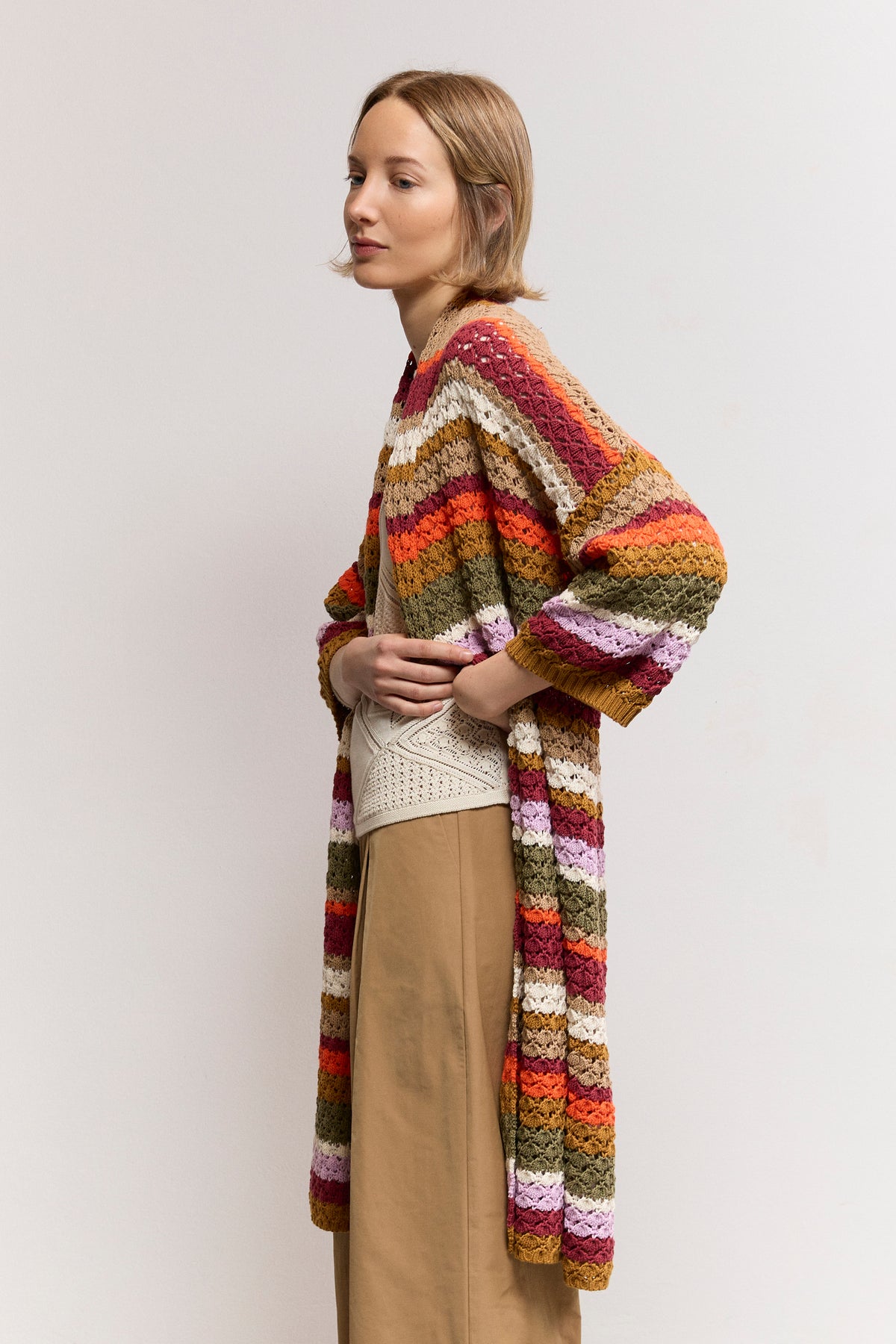 Crochet-Effect Knit Cardigan